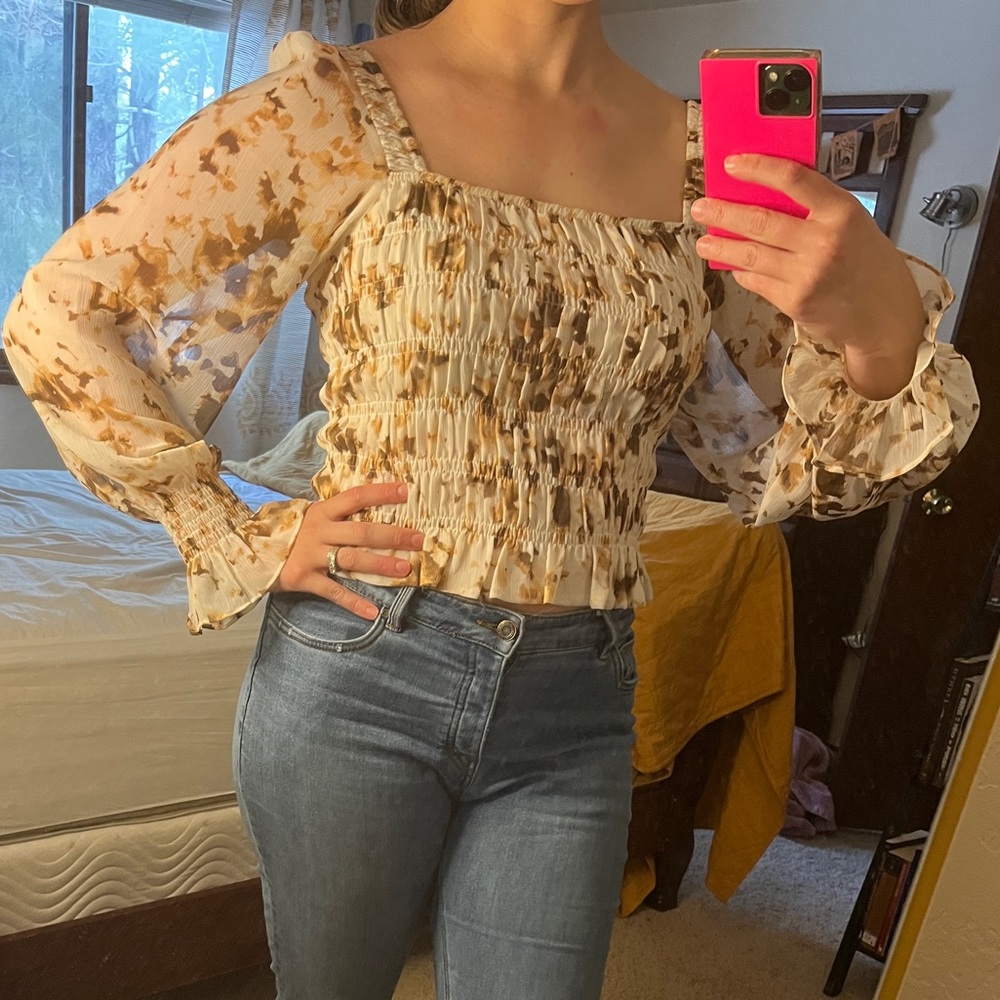 Express smocked top blouse in tan pattern size medium
